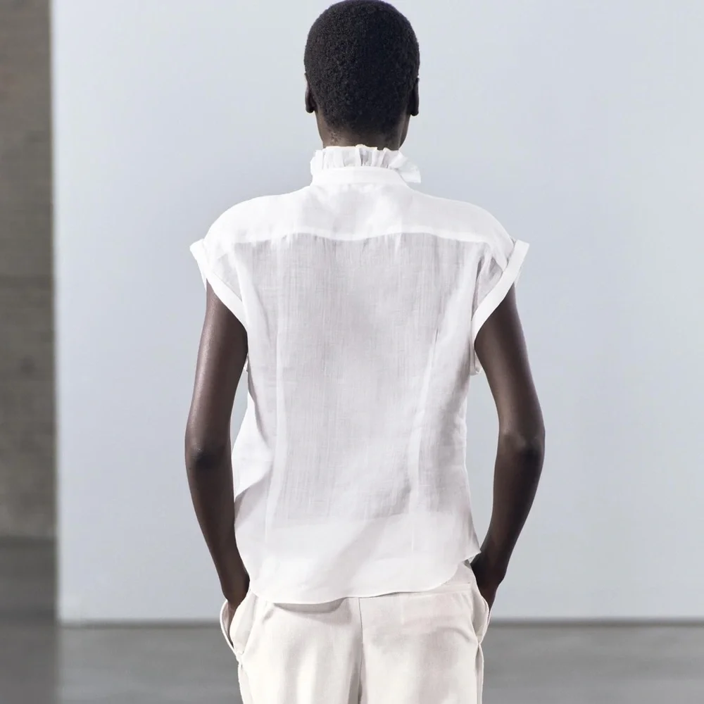 NWT Zara Woman RUFFLED 100% RAMIE SHIRT ZW COLLECTION White Size S Small - Picture 3 of 12